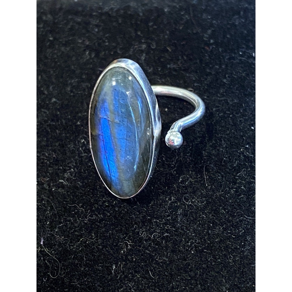 Blue Fire Labradorite Cocktail Ring Adjustable Silver Tone Oval 1" Gemstone